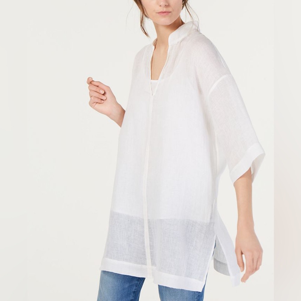 Eileen Fisher white organic linen gauze stand collar tunic split hem
